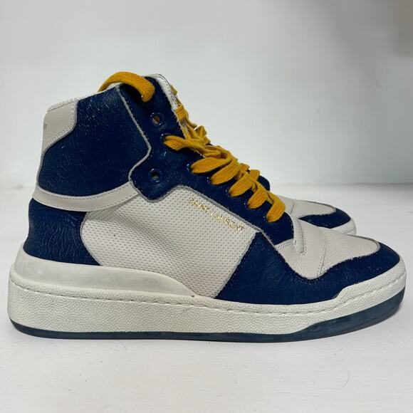 Saint Laurent Sl24 Colorblock Lace Up High Top Sneakers White/Navy Size 38 / 7.5 - Picture 6 of 11